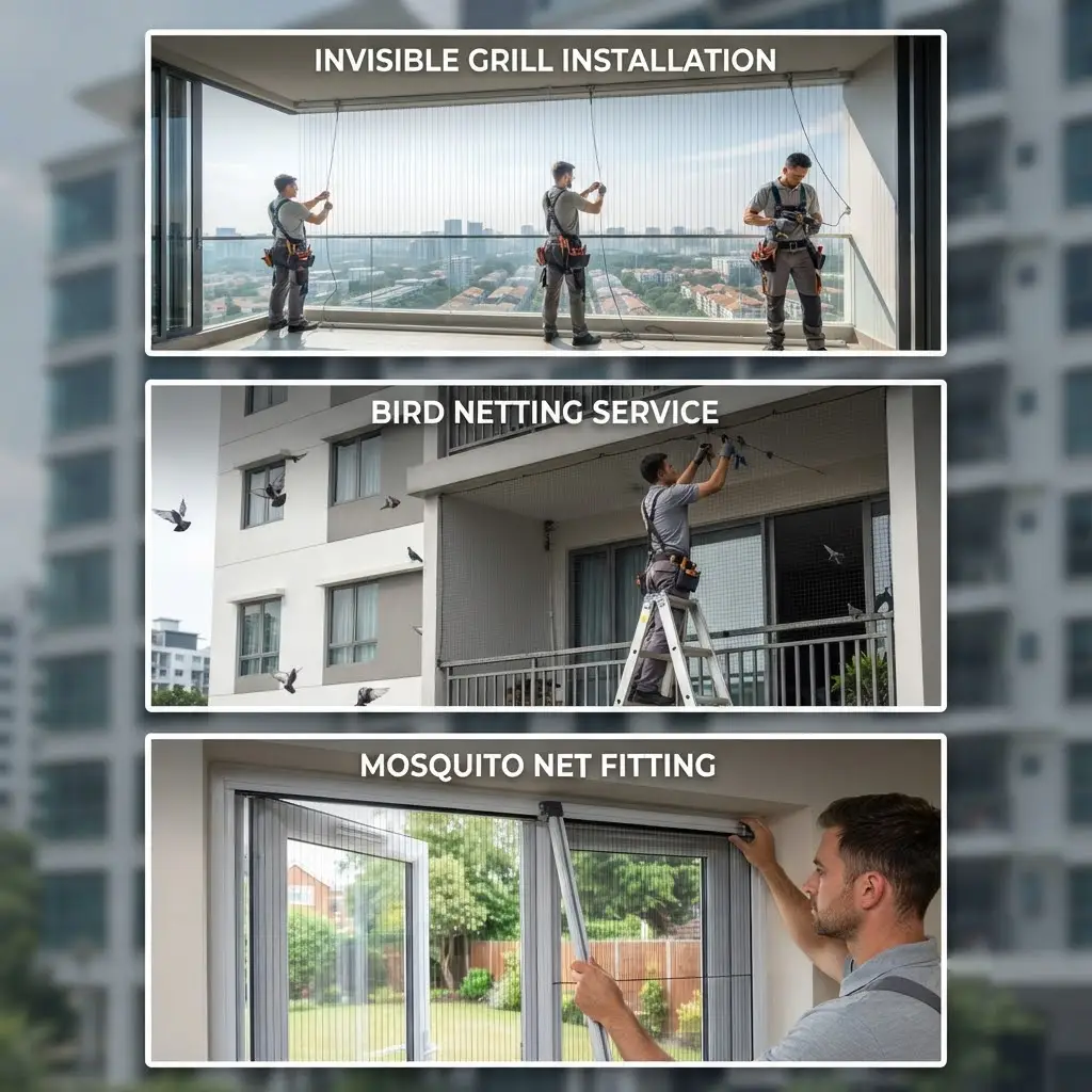 Invisible grill and mosquito net installed on a Mumbai balcony